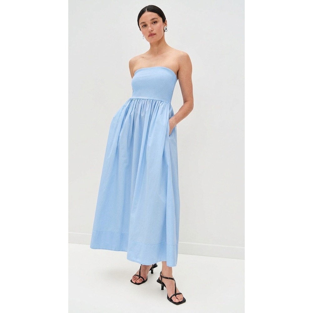 ENZA COSTA Cotton Bandeau Dress Women Medium Blue Strapless Maxi Ribbed Poplin